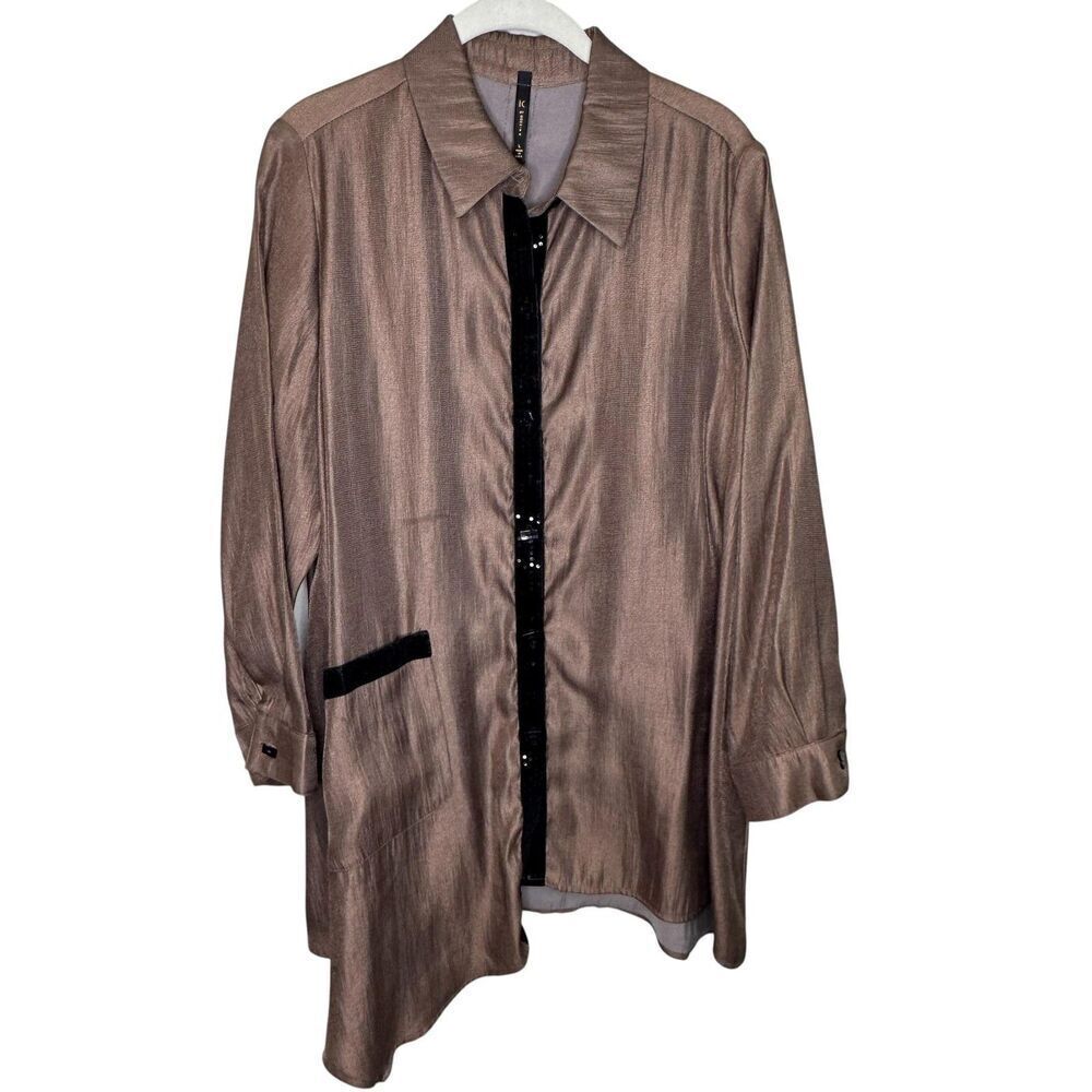 IC By Connie K Tunic Top Womens Large Brown Sequin Trim Button Front Asym Hem